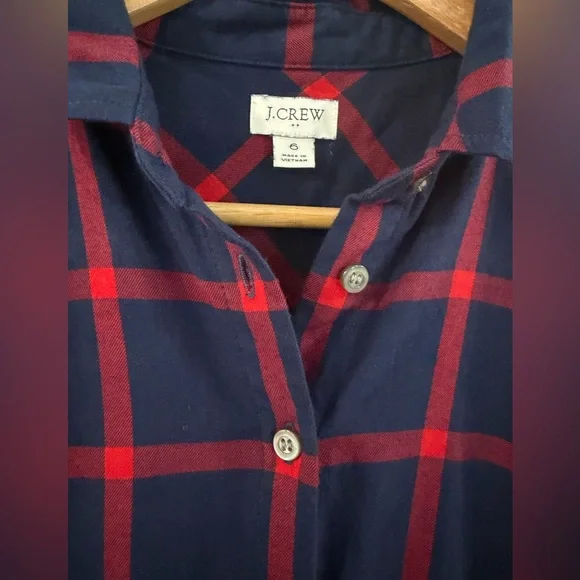 J. Crew Red Blue Plaid Check Flannel Button Up Dress Bow Tie Waist 100%Cotton - Picture 3 of 5